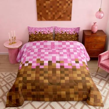 Imagem de Manfei Conjunto de edredom de tamanho casal Pixelated Grid, coleção de edredom com estampa de mineiros, conjunto de edredom de gamepad, marrom e rosa, 3 peças, para meninas e adolescentes