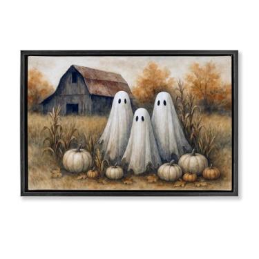 Imagem de Stupell Industries Arte de parede em tela flutuante cinza Ghost Trio on Pumpkin Farm, design de Antony Smith, 21 x 31