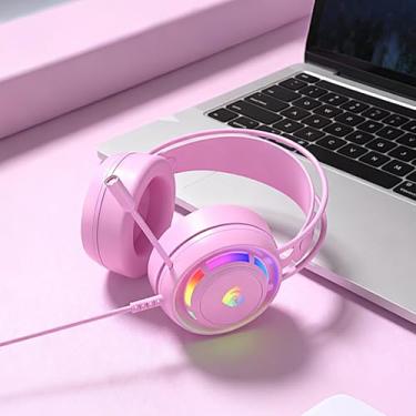 Imagem de 3.5mm Gaming Headset for PC-Wired RGB Led Headphones with 50MM Drivers, 360 Spatial Audio, Game/Music Dual Modes, Comfort Design, Noise Cancelling Mic, for Laptop, PC, Pink