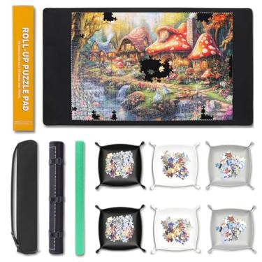 Imagem de Lwoeo Tapete de quebra-cabeça para enrolar 1000 peças, almofada de proteção superior lisa 88 x 58 cm com 6 bandejas de classificação e bolsa de armazenamento de viagem para mesa de classificação