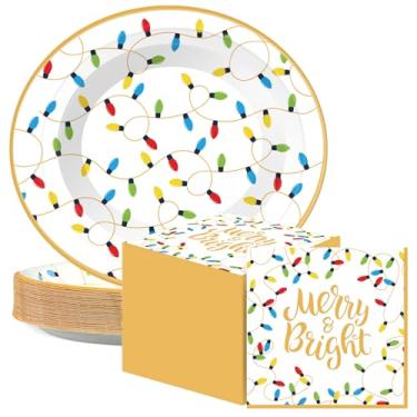 Imagem de Yiyiring Conjunto de pratos e guardanapos de Natal com 150 peças, padrão de luzes coloridas de Natal, 50 pratos descartáveis, 28 cm e 100 guardanapos de papel, 33 cm para 50 convidados, artigos de