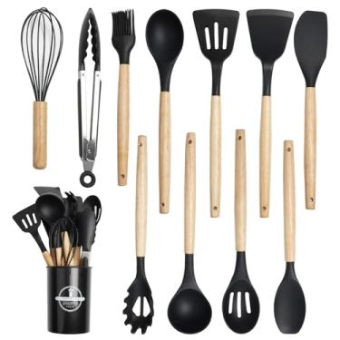 Imagem de Koomade Conjunto de utensílios de cozinha de silicone – Conjunto de 12 peças de utensílios de cozinha com alças de madeira, conjunto de espátulas com suporte, conjunto de utensílios de cozinha para