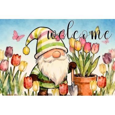 Imagem de kaiwern Tapete de porta de boas-vindas primavera verão gnomo verde tulipa flor tapete de entrada exterior tapete decorativo para entrada externa sala de estar interior decoração de casa de banho