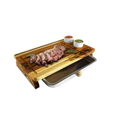 Imagem de Tábua para Churrasco com Bandeja de Alumínio e Porta-Molhos - Prática e Fácil de Limpar (Madeira Teca - Com Bandeja)