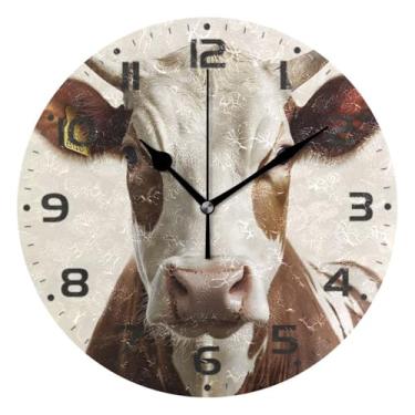 Imagem de JUZIHAI Relógio de parede de vaca com estampa marrom branco silencioso, sem tique-taque, relógios de parede redondos operados por bateria, fácil de ler, relógio decorativo de parede para casa, cozinha