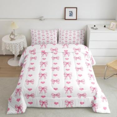 Imagem de Feelyou Conjunto de cama Queen com laço rosa, princesa, sonhadora, para meninos e meninas, com laço fofo, coração de amor, conjunto de edredom para adolescentes, 3 peças