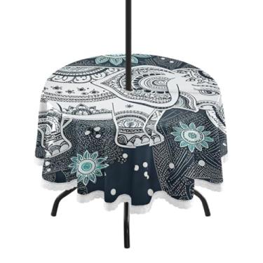 Imagem de Qilmy Toalha de mesa redonda impermeável com estampa de elefante de 152 cm com orifício para guarda-chuva e zíper – uso externo / interno resistente para pátio, churrascos, piqueniques, festas (serve