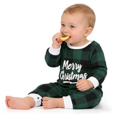 Imagem de AGQT My First Christmas Macaquinho de manga comprida para meninos e bebês macacão peça única roupas de Natal xadrez verde e preto 12-18 M