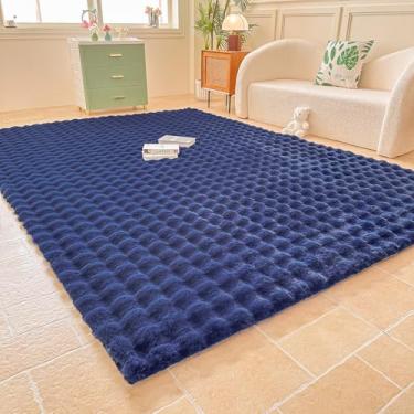 Imagem de Tapete de pelúcia azul marinho coelho para quarto de sala de estar, sofá, 2,5 m x 25,4 m de pele sintética felpudo retangular quadrado para quarto de crianças e adolescentes, tapete peludo para