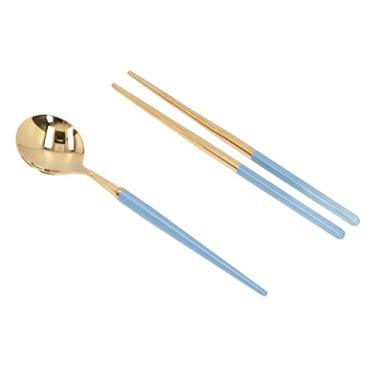 Imagem de GLOGLOW Conjunto de Talheres Com Caixa de Armazenamento de Viagem, Utensílios Reutilizáveis, Pauzinhos, Garfo e Colher, 19 Cm, Leve para Camping Talheres de Aço Inoxidável Nan (Ouro Azul)