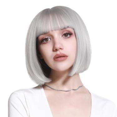 Imagem de Peruca curta reta bob com franja 20 cm moda sintética colorida cosplay diária festa peruca para mulheres cinza prata