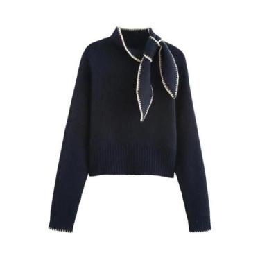 Imagem de Suéter Feminino De Manga Longa Em Tricô Com Gola De Cachecol Em Cores 