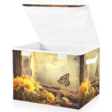 Imagem de Blueangle Cestos de armazenamento de borboleta vintage com tampas, 42 x 32 x 30 cm, grande cesta organizadora dobrável para decoração de escritório e armário (322)