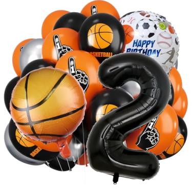 Imagem de Balões de basquete, balões de número preto, bolas de basquete laranja pretas impressas e balão de látex prateado (número 2)