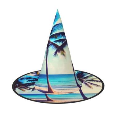 Imagem de XLLingL 1 chapéu de bruxa de Halloween com estampa de palmeiras de praia, chapéu de feiticeiro, adequado para festas de RPG e festas à fantasia - 1 peça