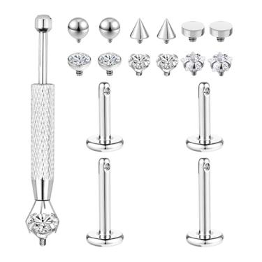 Imagem de ZS Conjunto de piercing de orelha de titânio G23 16G para mulheres e homens - brincos de 6 mm com rosca interna/argolas de ferradura de 8 mm com zircônia cúbica para cartilagem hipoalergênica, tragus