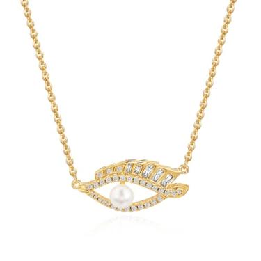 Imagem de MEVECCO Colar feminino banhado a ouro 18 k pérola olho turco pingente colar feito à mão delicados colares de corrente CZ joias da sorte para presentes de aniversário