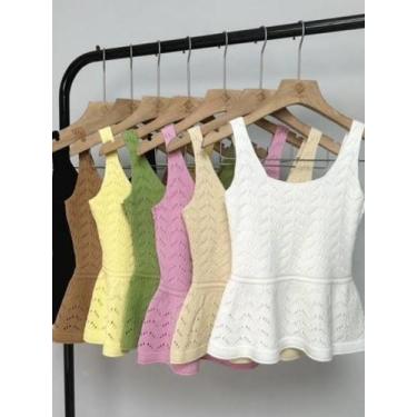 Imagem de Bata Rendada Blusa Feminina Babado Regata Blusinha Tricot Verão Modal 