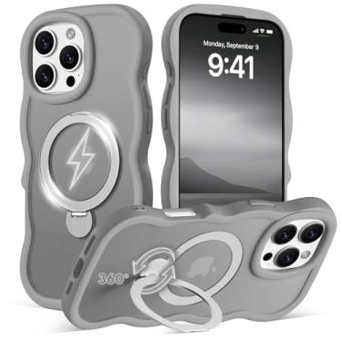 Imagem de Amzfield Capa para iPhone 16 Pro Max com suporte magnético giratório de 360° [compatível com MagSafe] linda moldura ondulada translúcida fosca rígida de silicone à prova de choque com suporte de anel