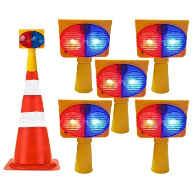 Imagem de Sinalizador Viario Solar Kit 5 Duas Cores Cone Alerta Transito Atençao Estrada Emergencia Iluminaçao Acidente