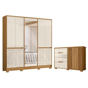Imagem de Guarda Roupa Casal Alasca 10 Portas 4 Gavetas MDP Freijó Off White e Cômoda Texas Moval Móveis