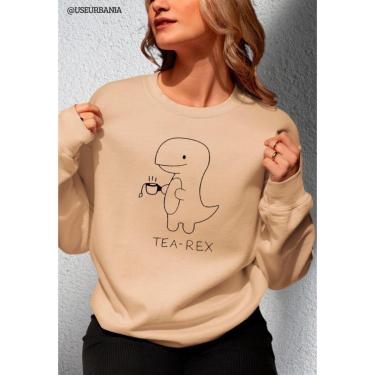 Imagem de Moletom Careca Moleton Feminino Casual Estampado Dinossauro Tea Rex cha Gola Redonda Sem Capuz-Feminino
