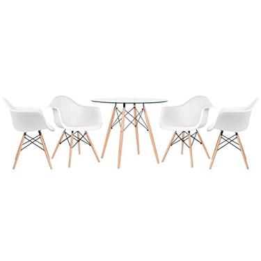Imagem de Loft7, Kit Mesa Redonda de Vidro Eames 90 cm + 4 Cadeiras Eames Eiffel DAW, Polipropileno, Aço e Madeira, Escritório, Sala de Estar e Sala de Jantar - Branco