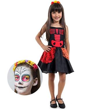 Imagem de Fantasia de Halloween Infantil Caveira Mexicana Com Maquiagem P 2-4