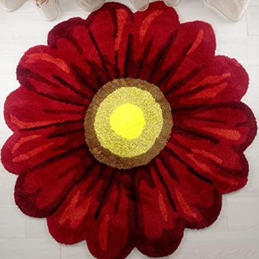 Imagem de Braiton Tapete de porta de girassol tapete em forma de flor tapete antiderrapante tecido à mão flor redonda tapete de chão tapetes de área modernos para cozinha sala de estar decoração de casa, vermelho, 80cm