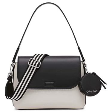 Imagem de Calvin Klein Bolsa de ombro feminina Millie 2 em 1 com aba e transversal, Querubim branco/preto, One Size