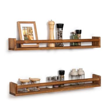 Imagem de Prateleiras flutuantes para parede de berçário, conjunto de 2 prateleiras de livros de berçário de 81 cm de comprimento, prateleira de borda de madeira rústica para quarto, banheiro, sala de estar, molduras para fotos, decoração de escritório - marrom