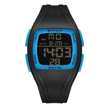 Imagem de RORIOS Relógio de pulso eletrônico masculino Tonneau casual esportivo relógio de pulso digital multifuncional 50 m à prova d'água para homens e meninos com pulseira de borracha, Preto, azul, L,