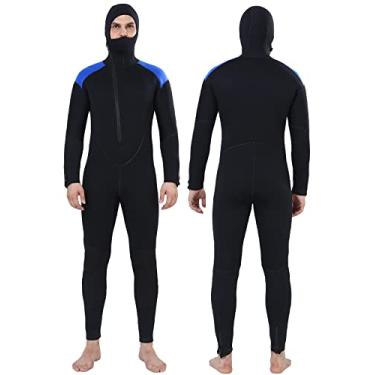 Imagem de DEHAI Roupa de mergulho masculina de neoprene de 5 mm com capuz e zíper frontal de manga comprida, maiô térmico de corpo inteiro com zíper traseiro de 3 mm em água fria para nadar e surfar