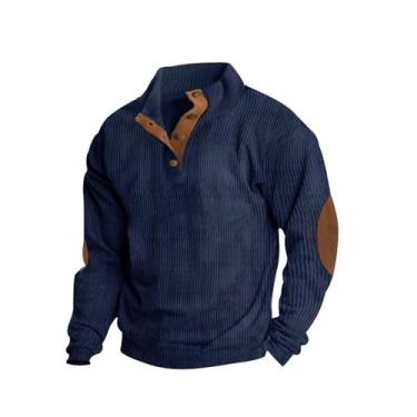 Imagem de Pulôver masculino de veludo cotelê com cotovelo remendado, camisa Henley com botão de manga comprida, gola simulada vintage, top externo (Color : Navy blue, 32-33, 3435, 36-37, 38-39, 40-41, 42