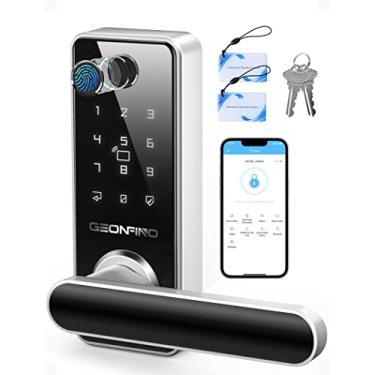 Imagem de GEONFINO Fechadura de porta inteligente, fechadura de porta de entrada sem chave prata com alça, fechadura frontal com teclado, fechadura de porta de impressão digital com Bluetooth, fechadura