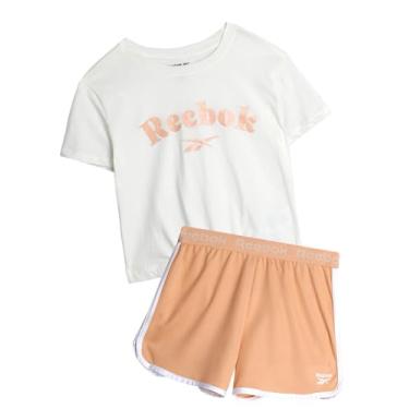 Imagem de Reebok Conjunto de shorts ativos para meninas - camiseta de manga curta e shorts de ginástica de malha com golfinho - conjunto esportivo para meninas (7-12), Brilho pêssego, 7