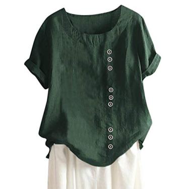 Imagem de Camisa feminina com botões de linho 2024, básica, de verão, superdimensionada, manga curta, camisetas casuais para sair, Verde, M