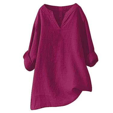Imagem de Vestido feminino plus size de linho de algodão com gola V blusa casual primavera verão para usar com leggings, Vermelho, 3G