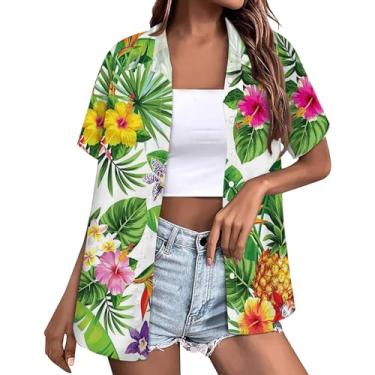 Imagem de Camisetas femininas havaianas abotoadas lapela legal verão praia blusa floral tropical coco gráfico blusa blusa manga curta, Z03 Branco, GG