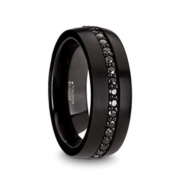 Imagem de Aliança de casamento masculina de safiras pretas de tungstênio - ajuste confortável escovado - 8 mm de largura - Nome do estilo: VALIANT, Metal, Safira