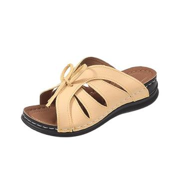 Imagem de Chinelos femininos laváveis, sandálias de praia casuais vazadas, sandálias rasteiras retrô, Amarelo, 37