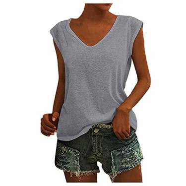 Imagem de Camisetas femininas de manga cavada, gola V, regata de verão, casuais, básicas, camisetas soltas, M-GGG, Cinza, G