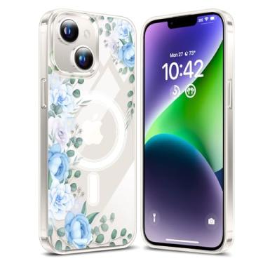 Imagem de YSLBWLE Capa magnética para iPhone 14 transparente, [compatível com magnético] Capa magnética fina e de grau militar flores verdes claras 25-ip14-08