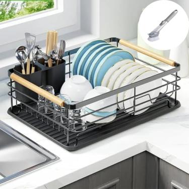 Imagem de Escorredor de Louça Pratos Com Bandeja Removível e Escova Limpeza (PRETO)
