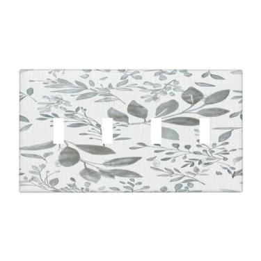 Imagem de Xuejiaku Capa de interruptor de luz boho cinza floral vintage folhas de plantas 4 interruptores de gangue placas de parede com interruptor quádruplo placa de interruptor decorativo placas de tomada