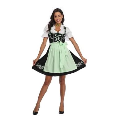 Imagem de STIOEDYUAN Fantasia Oktoberfest Dirndl vestidos femininos tradicionais bávaros avental xadrez de empregada doméstica cerveja, carnaval, dia das bruxas, Verde, P