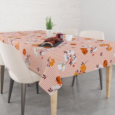 Imagem de Toalha De Mesa Retangular 6 Lugares Tecido Oxford Flores Laranjas List