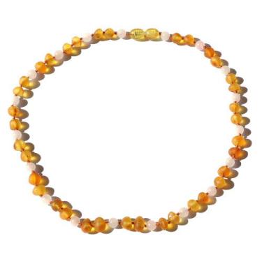 Imagem de Colar de Âmbar Báltico Mel Não Polido com Quartzo Rosa Polido para Cri