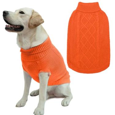 Imagem de Mihachi Suéter de cachorro com gola rolê – casaco de inverno roupas clássicas de tricô com orifício para coleira para clima frio, presente ideal para animais de estimação no ano novo, laranja, grande