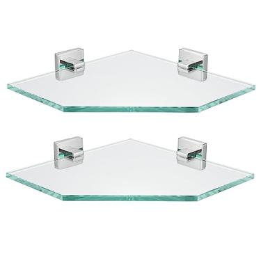Imagem de JQK Prateleira de vidro de canto, prateleira de parede flutuante de aço inoxidável 304 para banheiro cromado polido, vidro temperado de 25 x 25, pacote com 2, TGS290L10-CH-P2